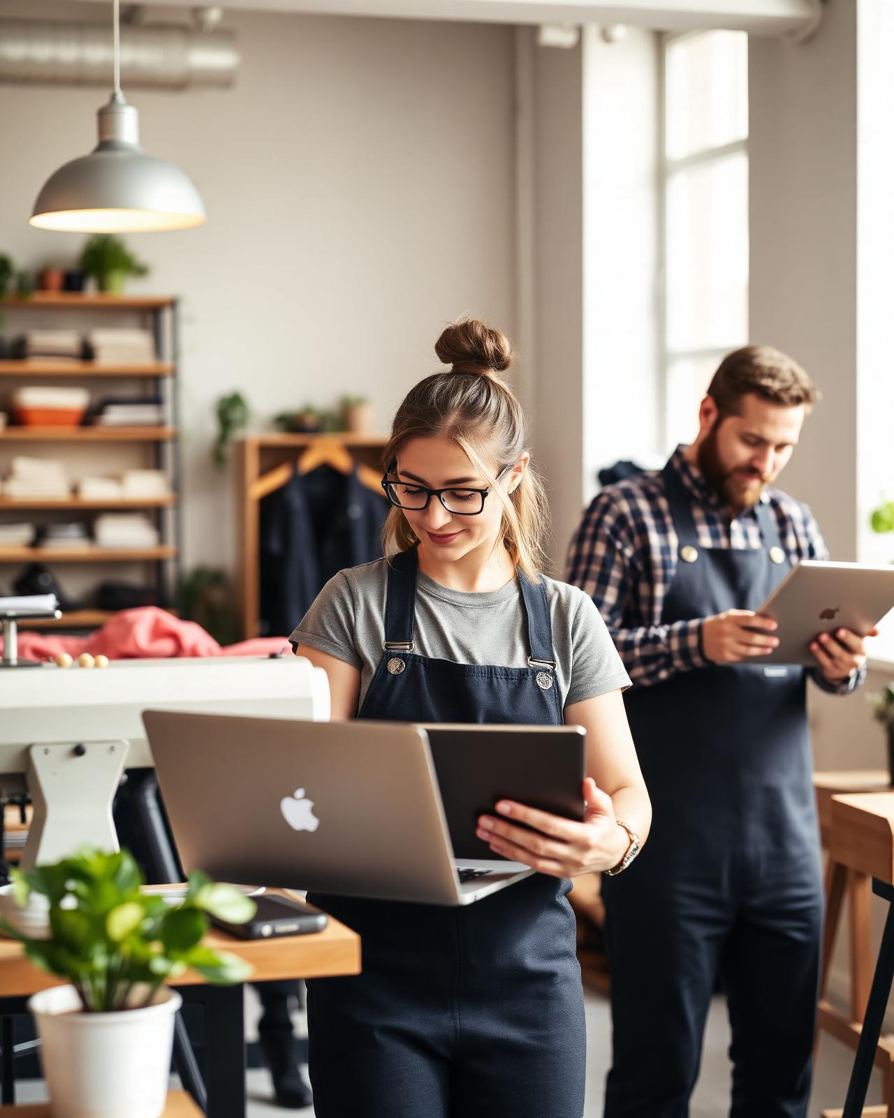 Small business owners working across a workshop and storefront